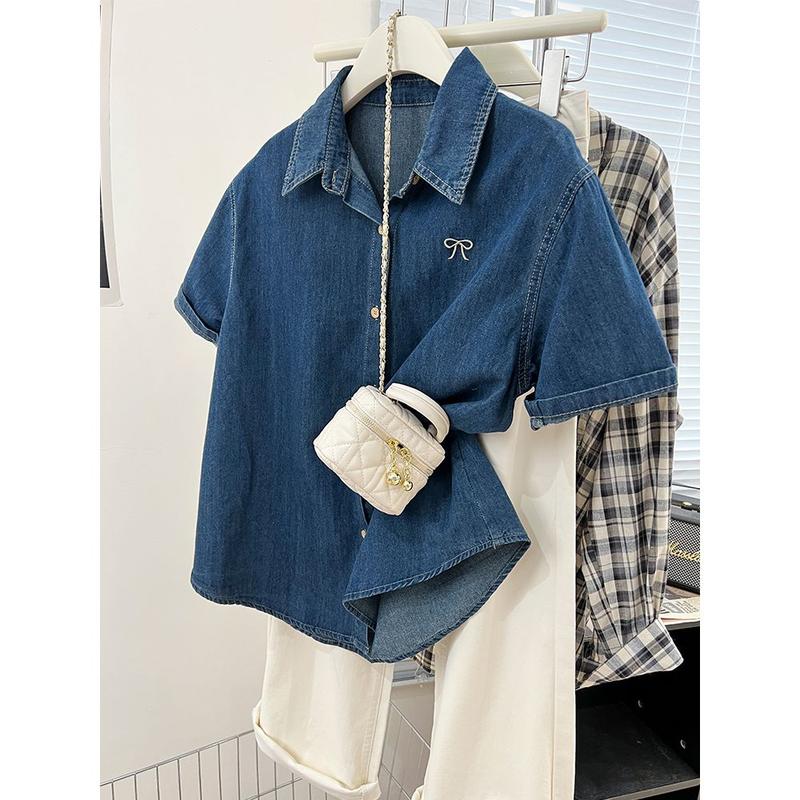 Áo Sơ Mi Denim ngắn Tay Thêu Màu Xanh Dương, Dành Cho Nữ, Phong Cách Mùa Hè, Cổ Polo Cổ Điển Hàn Quốc, Dáng Rộng Vừa Vặn, Áo Cánh Thanh Lịch, Hàng Đầu, HK 4