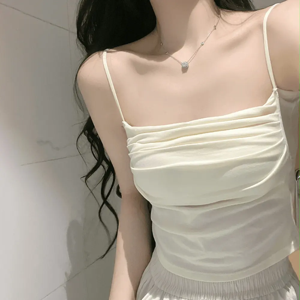 Women's Pleated Suspender Vest with Chest Pad Tube Top Bottoming Top
