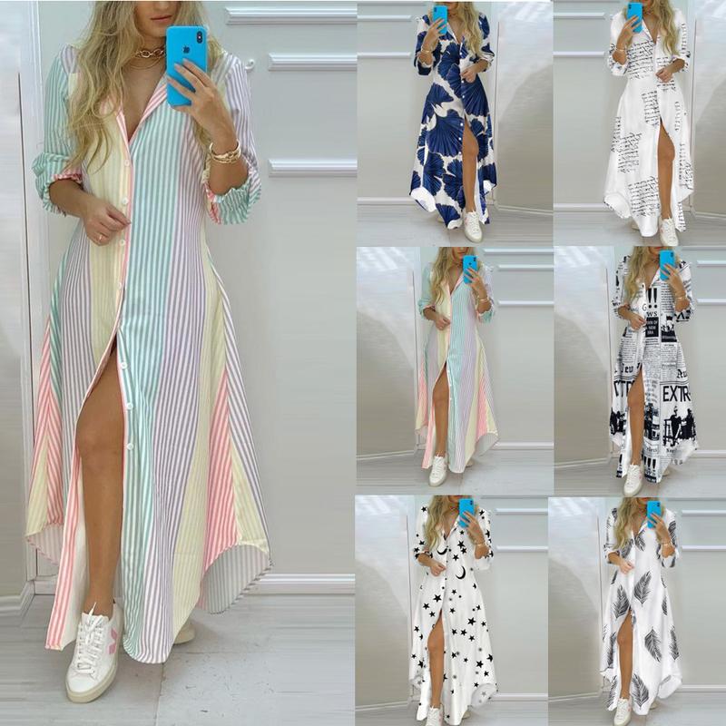 Product Introduction of Váy Sơ Mi Dài In Họa Tiết Boho, Dành Cho Phụ Nữ, Phong Cách Mùa Hè, Cổ Áo bẻ xuống, Tay Áo Dài, Thích Hợp Cho Bữa Tiệc, Trang Phục Thường Ngày Váy Maxi Buổi Tối, Vestidos 3