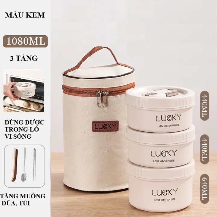 Hộp đựng cơm giữ nhiệt Lucky kèm túi, Hộp cơm văn phòng cách nhiệt 3 tầng bằng thép không gỉ 304
