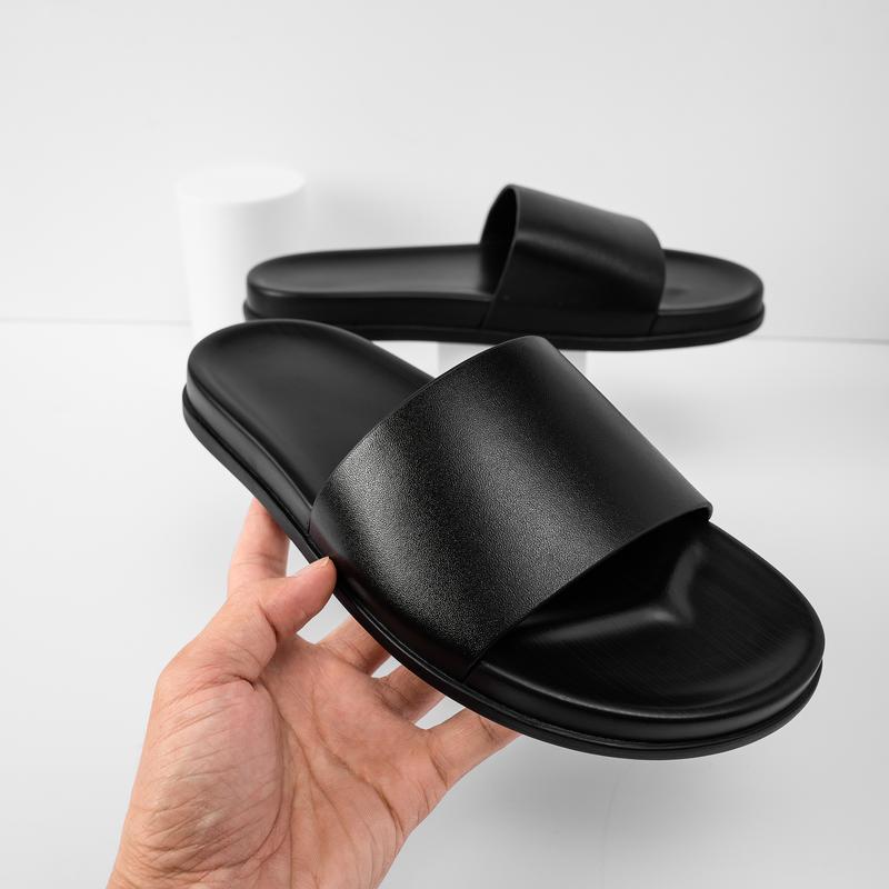 Dép da nam quai ngang da bò màu đen da tấm đế 2 lớp cao cấp DéP Slipper 4