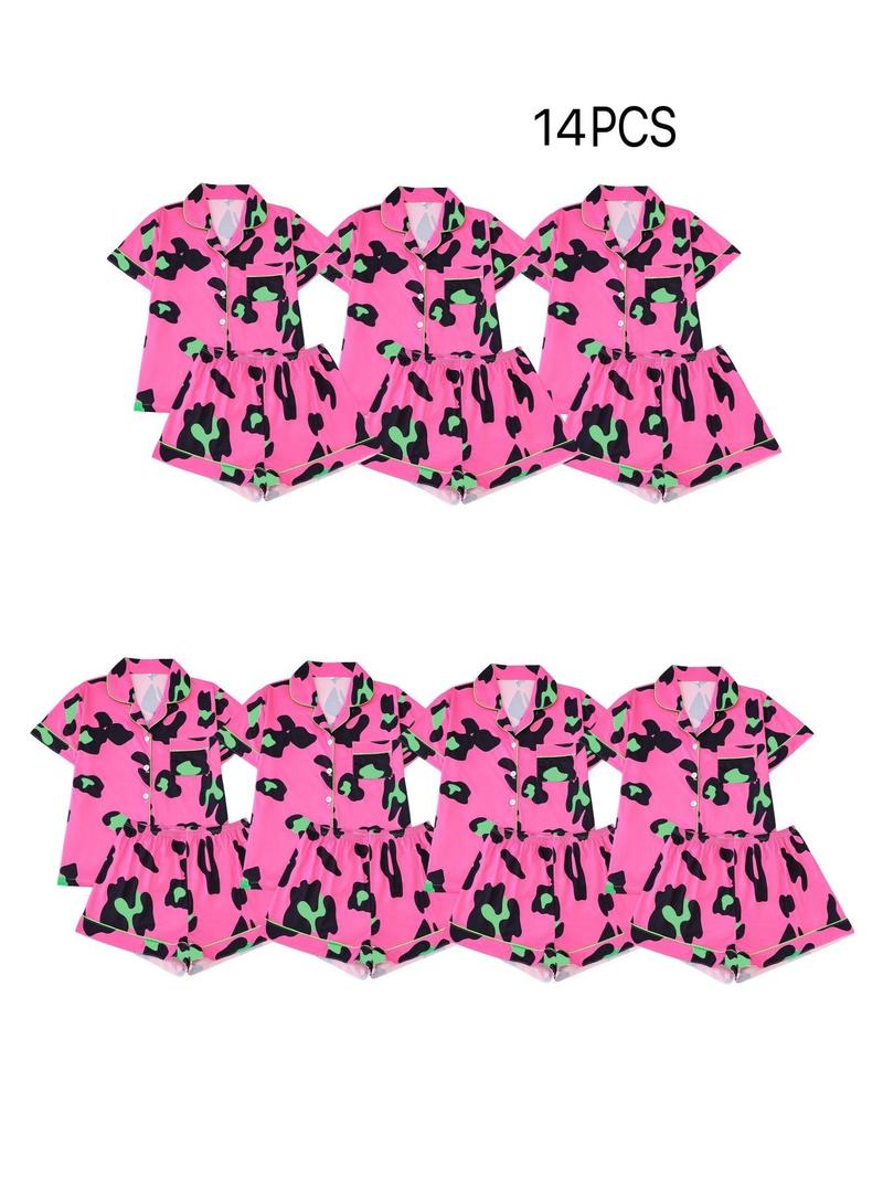 Product Introduction of Two-piece Set Women's All Over Leopard Print Contrast Binding Lapel Shirt & Shorts Pyjama, Casual Comfy Short Sleeve Pocket Top & Shorts Pj Set, Pajamas, Ladies Sleepwear for All Seasons, Pajamas 6