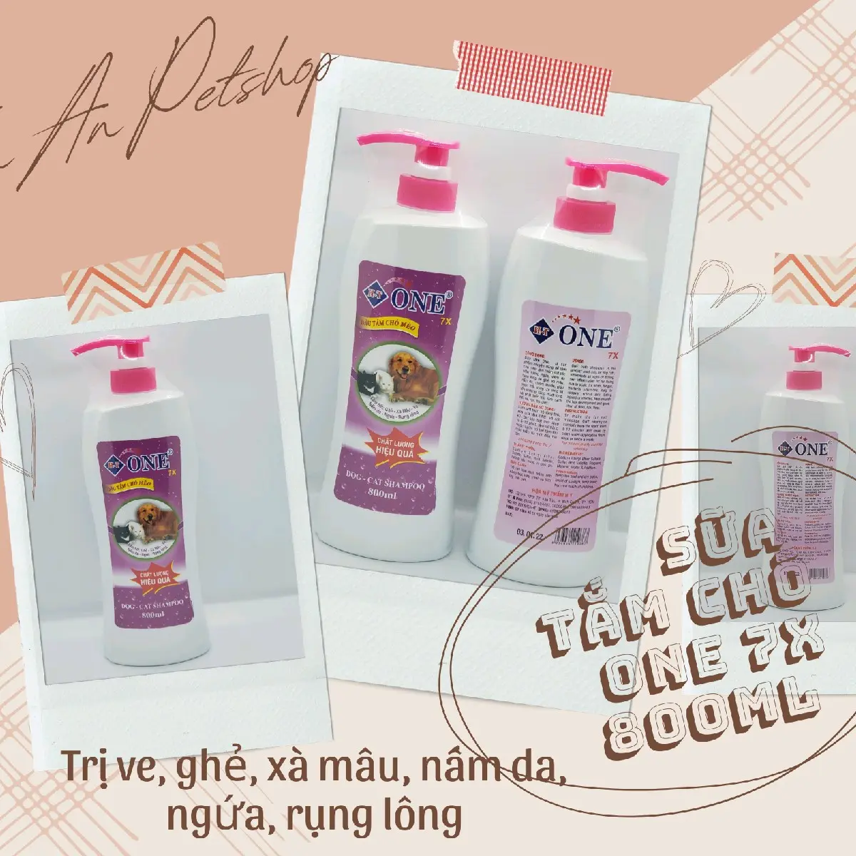 Sữa tắm chó One 7x 800ml trị ve, ghẻ, xà mâu, nấm da, ngứa, rụng lông