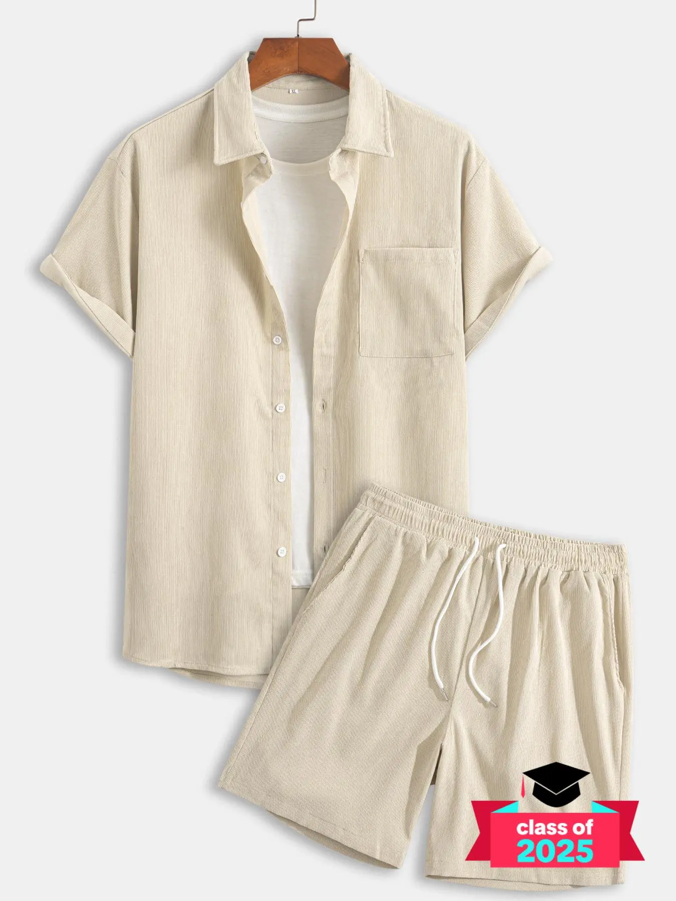 Two-piece Set Men's Solid Button Front Shirt & Drawstring Waist Shorts Soft Corduroy Set without Tee, Regular Fit Stylish Casual Shortsleeve Collared Top & Pocket Shorts, Posh Men's Clothes, Co Ord Sets, Classic Menswear Summer Outfits