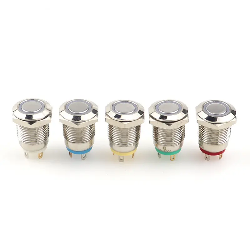 Nút nhấn nhả không giữ trạng thái 12mm hợp kim chống nước công tắc nhấn Có Đèn không khóa, Led xanh đỏ trắng 5V 12V 220V 3