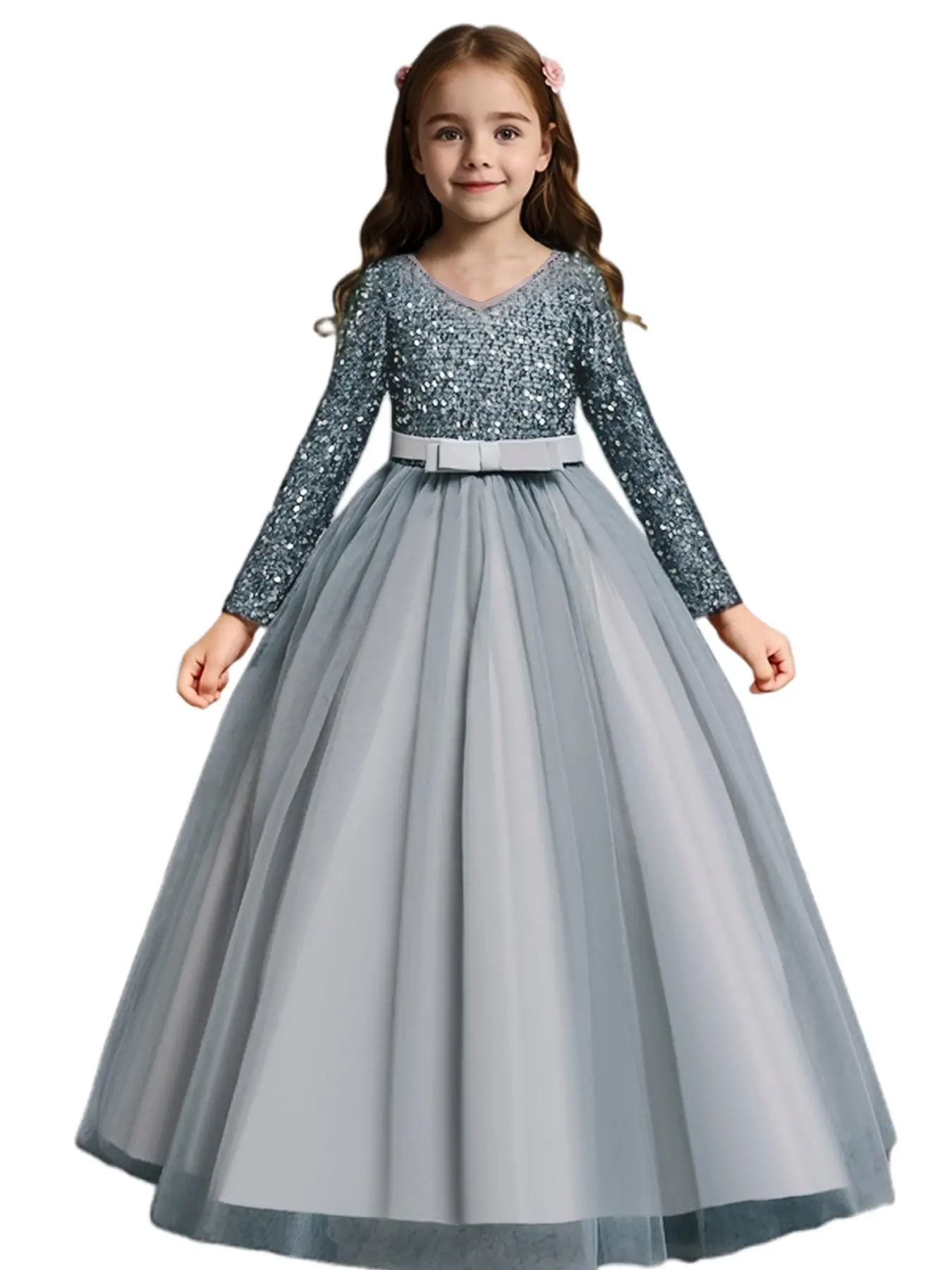 Girl's Contrast Sequin Bow Decor Tulle Dress, Elegant Long Sleeve Zipper Back Party Tutu Gown, Kids Clothes for All Seasons
