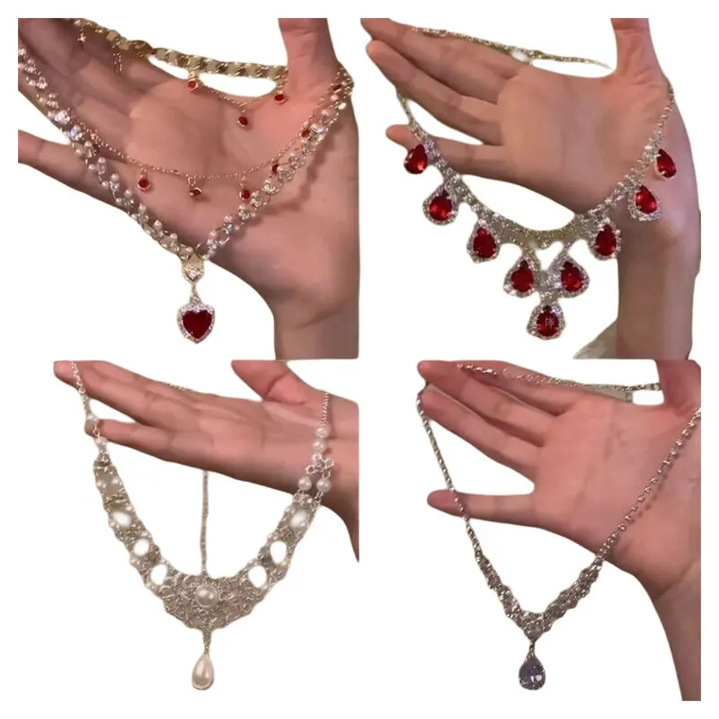 Kalung Dua Lapisan, Mutiara Hati Merah, Sensasi Mewah Puteri, Rantai Klavikula Tahun Baru, Bahan Campuran Berkilauan, Corak Geometrik, Barang Kemas Fesyen Wanita