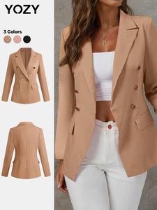 YOZY Women's Plain Button Front Lapel Neck Blazer, Casual Flap Detail Long Sleeve Outerwear for Work Office Business, Ladies Clothes, Fall & Winter Clothes