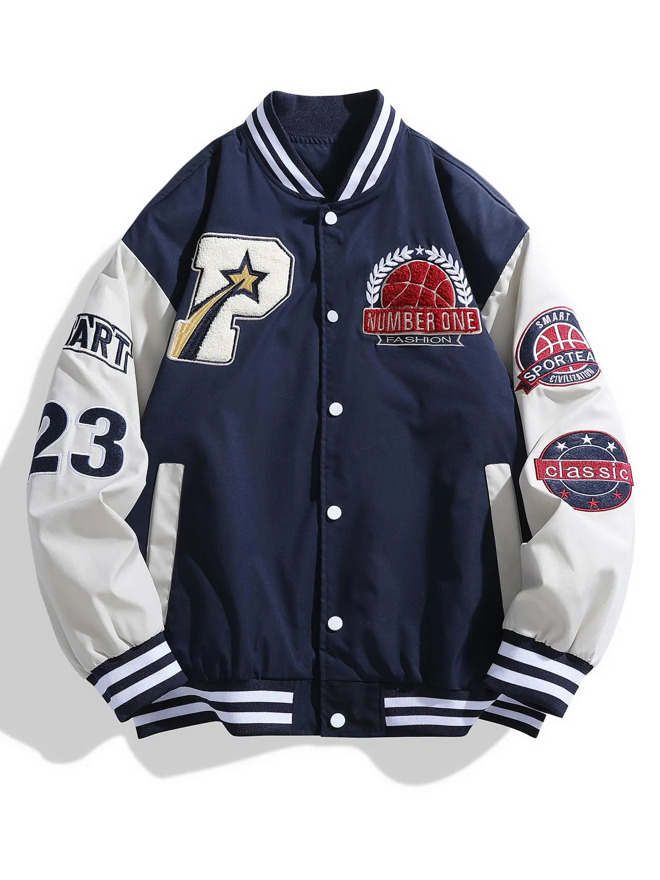 Men's Letter & Number Print Drop Shoulder Varsity Jacket, Regular Fit Casual Long Sleeve Button Front Baseball Collar Outerwear for Fall, Fashion Men's Clothes for Daily Wear