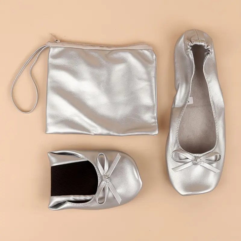 Soft and Comfortable 2311-2 Black + Bow Silvery Women's Casual Fashion Dance Shoes - Foldable Easy-to-Carry Non-Tired Feet All-match Home 3