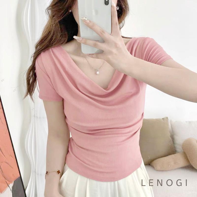 Áo cộc tay cổ đổ nữ LENOGI Áo kiểu nữ mặc nhiều kiểu trễ vai, bẹt vai , lệch vai mùa hè coton mịn mát