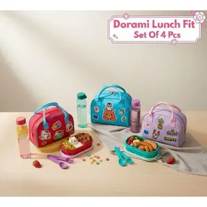 Tas Bekal Anak Set Dorami Kotak Makan Anak Set Lucu Kotak Bekal Set Lunch Fit Set Of 4 Pcs