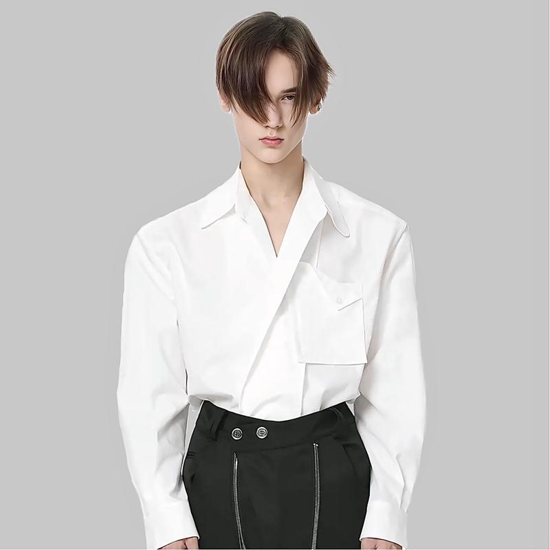 Áo sơ mi nam tay dài thiết kế cổ xẻ gập chéo, đứng from hack dáng, phù hợp đi tiệc và sự kiện, vải dày dặn Menswear (KS)