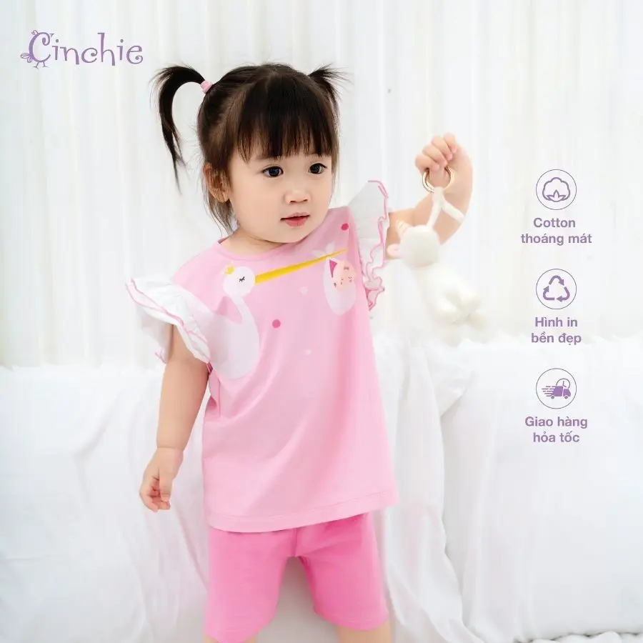 Bộ quần áo mặc nhà cộc tay bé gái HUMY NGO cotton cao cấp tay nhún bèo in hoạ tiết thiên nga 2 - 6 tuổi [C.S005