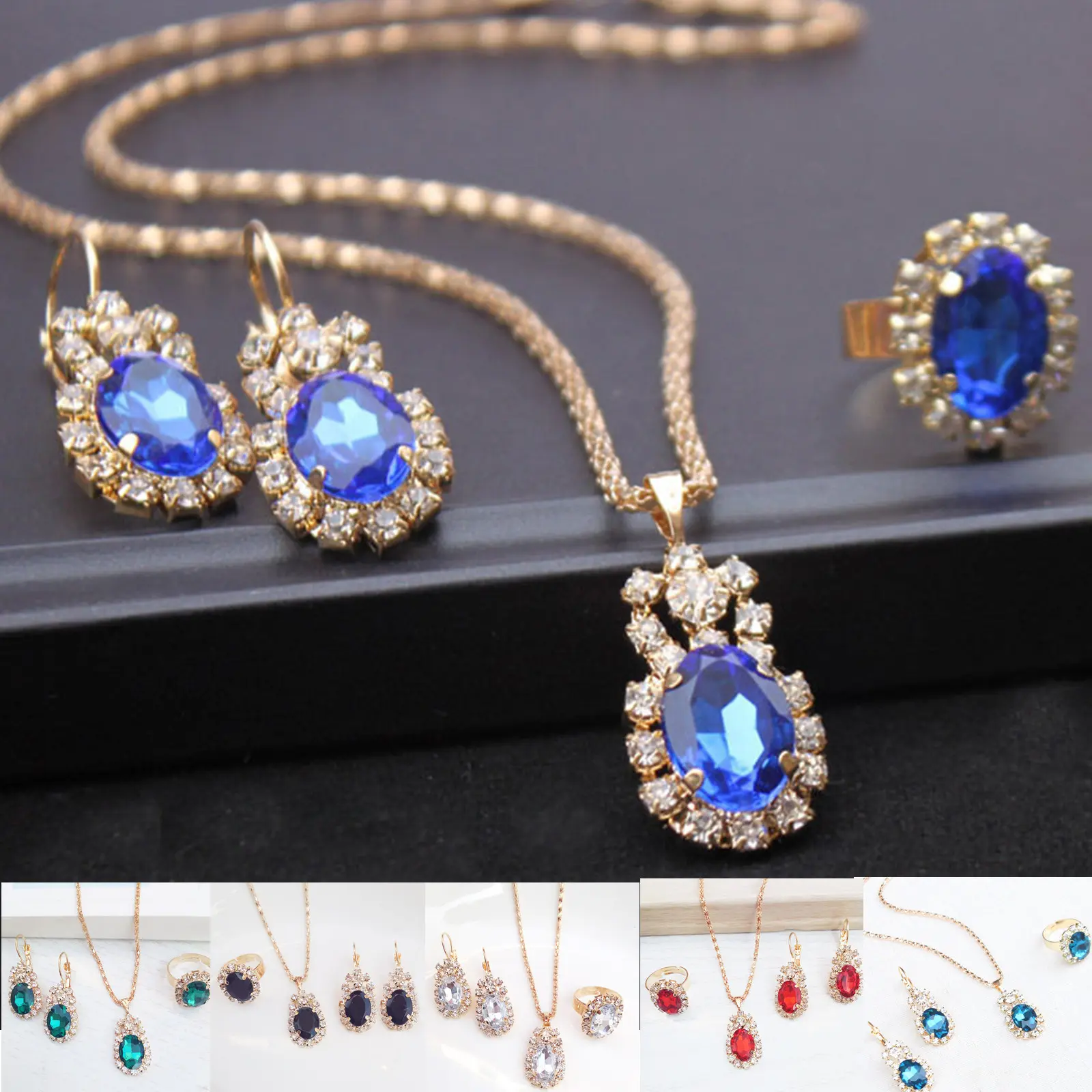 1 Set Fashion Women's Necklace Elegant Teardrop Metal Pendant Necklace Earrings Women's Fashion Accessories(Color: Black / Green / Purple / White / Blue / Red)