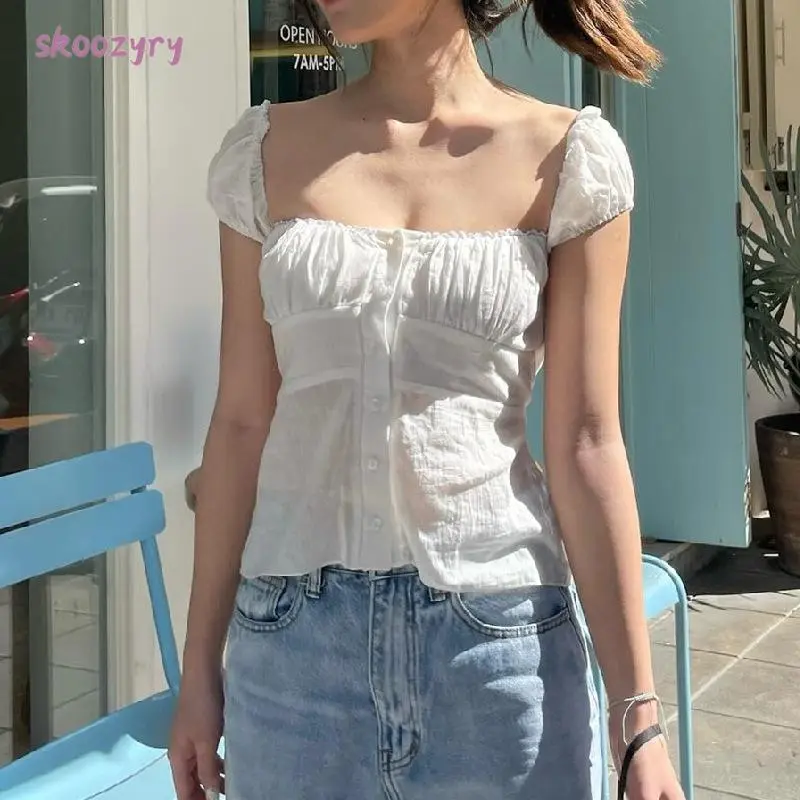 Áo Phông Cài Cúc Cho Nữ, Tay Áo Có Mũ, Cổ Vuông, Ngực Xếp Nếp, Áo Ôm Sát, Áo Sơ Mi Mùa Hè Top Shirt