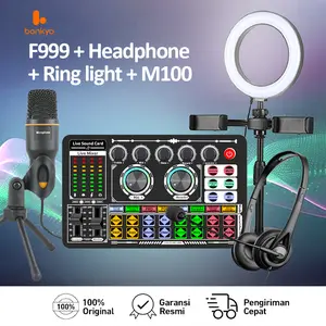 Bonkyo F999+M100+headphone+fill light Set lengkap peralatan siaran langsung Sound Card Mikrofon Headphone Set lampu Soundcard langsung Bluetooth Mixer audio langsung Untuk siaran langsung karaoke