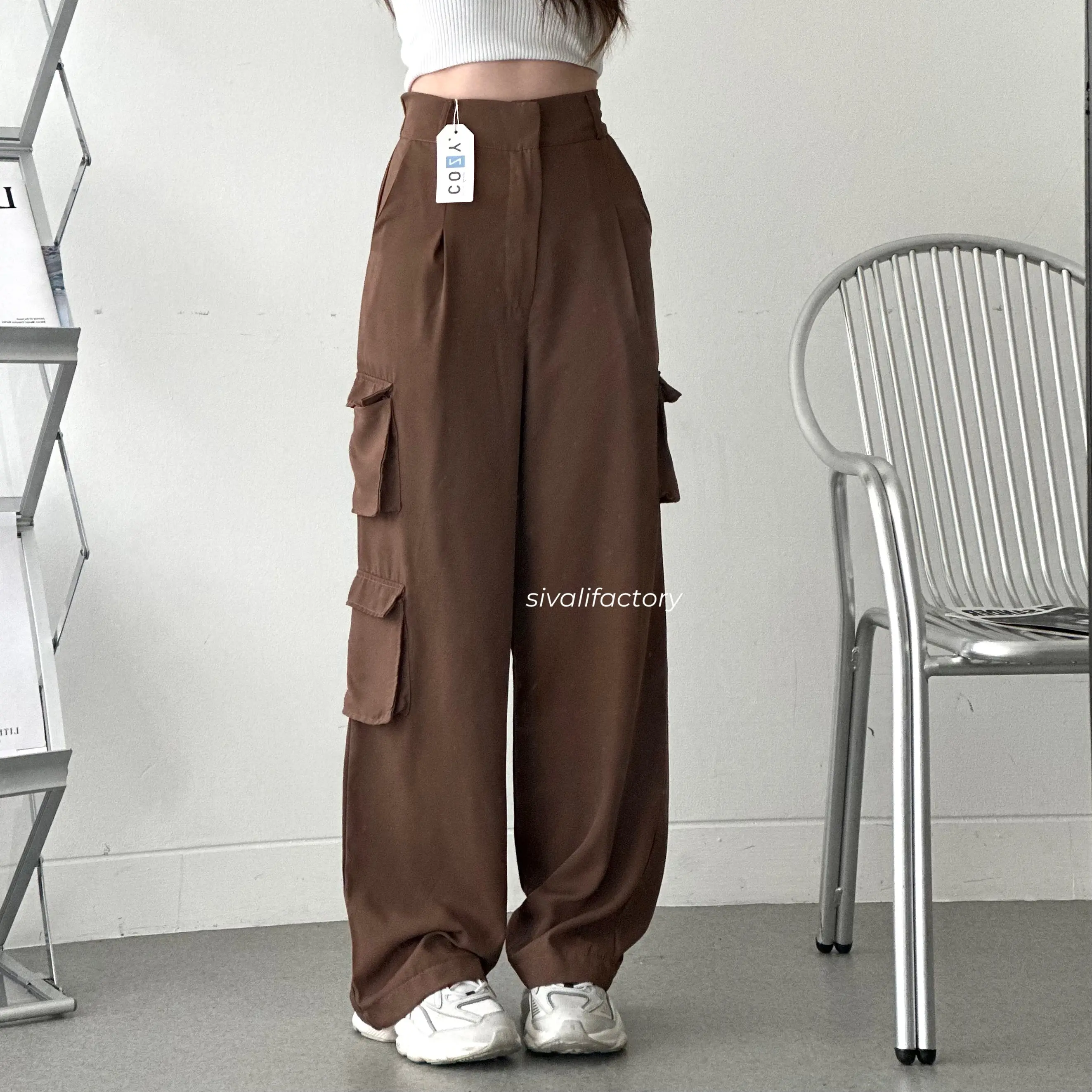 SIVALI Bonnie Cargo Pants - Highwaist Loose Cargo - Celana Kargo Wanita - Baggy Pants Panjang Polyester Kulot Casual Hitam Kantor Kantor Formal Kerja Kerja Kerja Basic Karet