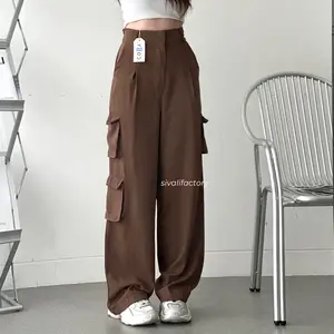 SIVALI Bonnie Cargo Pants - Highwaist Loose Cargo - Celana Kargo Wanita - Baggy Pants Panjang Polyester Kulot Casual Hitam Kantor Kantor Formal Kerja Kerja Kerja Basic Karet