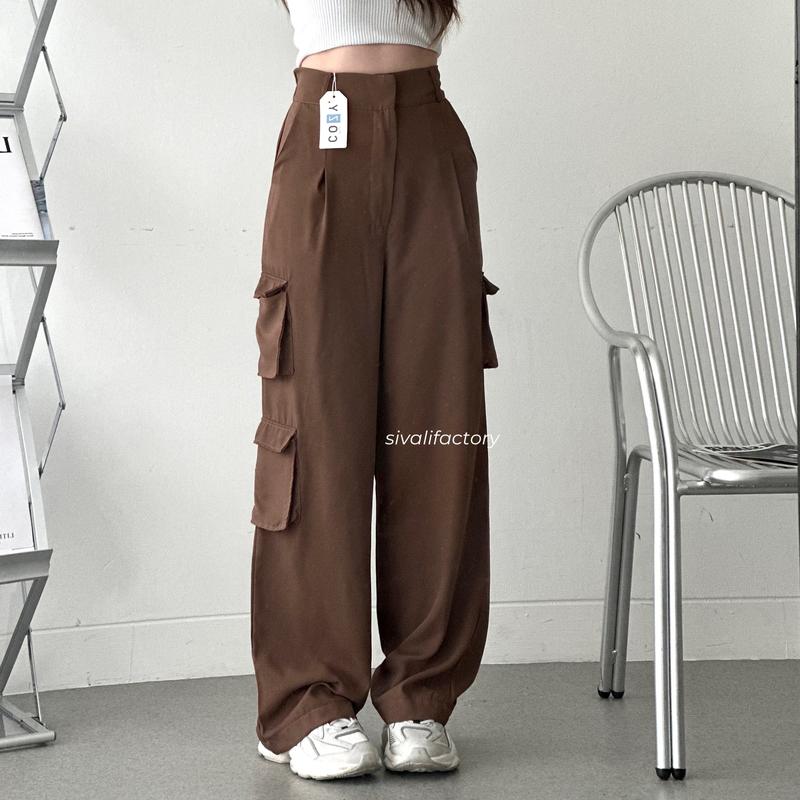 SIVALI Bonnie Cargo Pants - Highwaist Loose Cargo - Celana Kargo Wanita - Baggy Pants Panjang Polyester Kulot Casual Hitam Kantor Kantor Formal Kerja Kerja Kerja Basic Karet 0