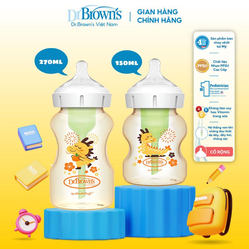Bình sữa Tùy chọn cổ rộng nhựa PPSU Dr Brown's hình con rồng 150ml/270ml 0