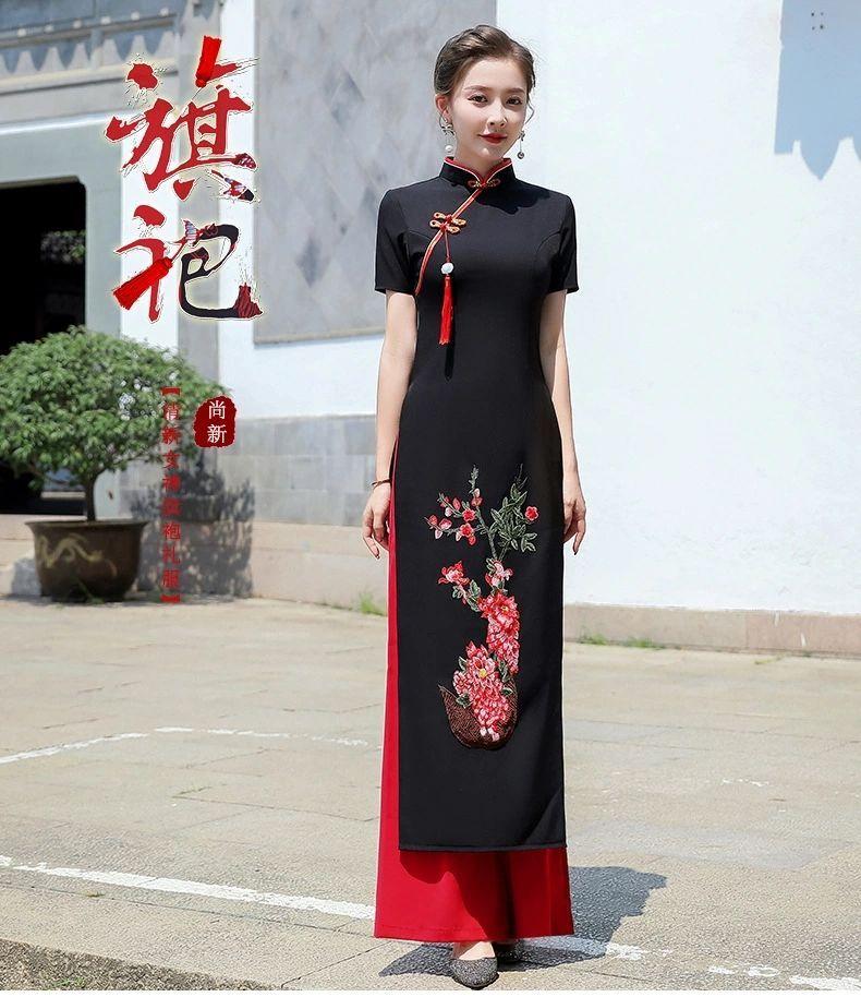 Product Introduction of Authentic Ethnic Style Vietnamese Ao Dai Cheongsam Catwalk Improved Performance Costume for Young Women Long Two-Piece Set Cheongsam Dress Traditional 1