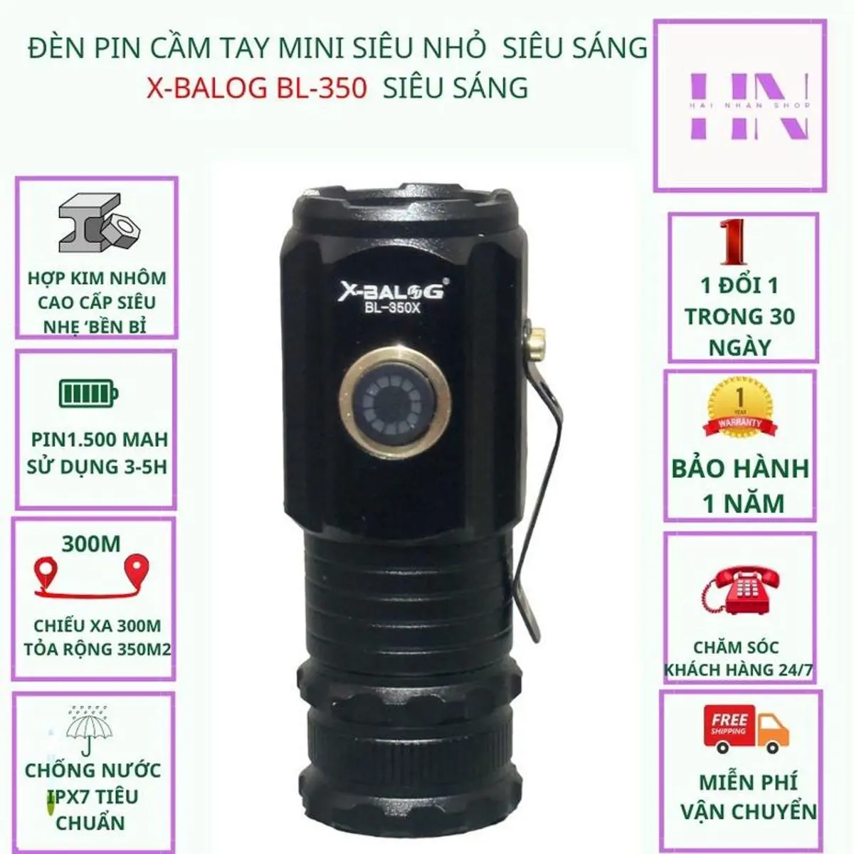 Đèn pin mini X-BALOG BL-350K nhỏ gọn, siêu sáng tỏa, chống nước, pin trâu
