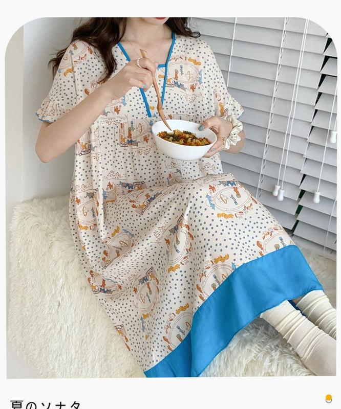 Product Introduction of Baju Tidur Musim Panas, Rekaan Bunga, Lengan Pertengahan, Saiz Besar, Untuk Wanita, Sesuai untuk 100.00kg Gadis Nipis dan Longgar, Pakaian Rumah Sutera Kapas 23