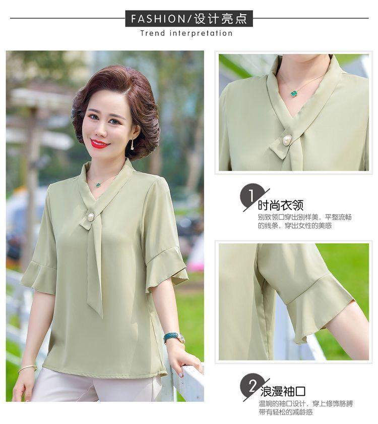 Product Introduction of Áo Phong Cách Phương Tây Ngắn Tay, Quần Áo Cho Mẹ, Thích Hợp Cho Mẹ TRUNG NIÊN Và TRUNG NIÊN, Hàng Mới Về, Dáng Rộng Vừa Vặn, Làm Bằng Voan, 40-50 Tuổi Nữ Top Women Shirt Sơ Mi 4