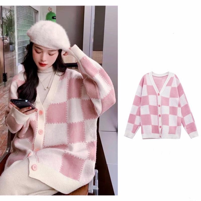 Áo Cardigan Len Nữ Caro Hồng Xinh Form Rộng 1