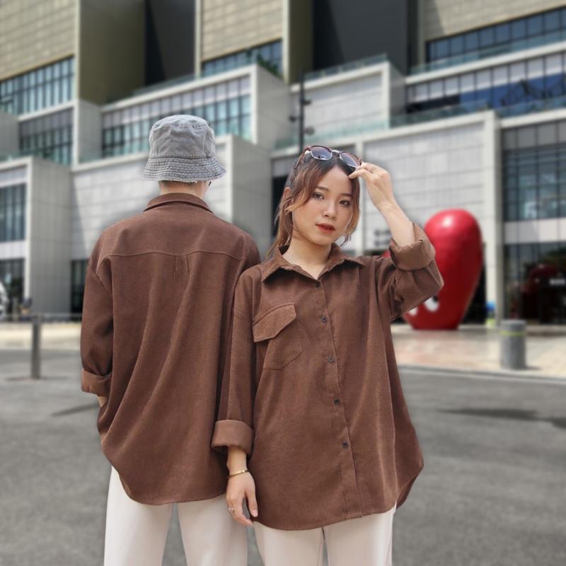 Áo sơ mi nhung tăm - áo sơ mi unisex Nam Menswear Shirt Đen Ong áo khoác sơ mi thường áo sơ mi bình thường