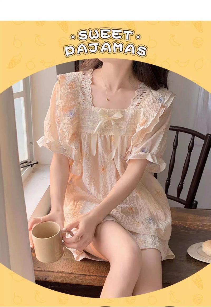 Product Introduction of Bộ đồ ngủ bằng vải bông mùa hè của phụ nữ Dễ thương Patrick Ngôi sao ngắn tay ren trang trí bong bóng Nếp nhăn Mục vụ Loungewear hai mảnh Áo 10