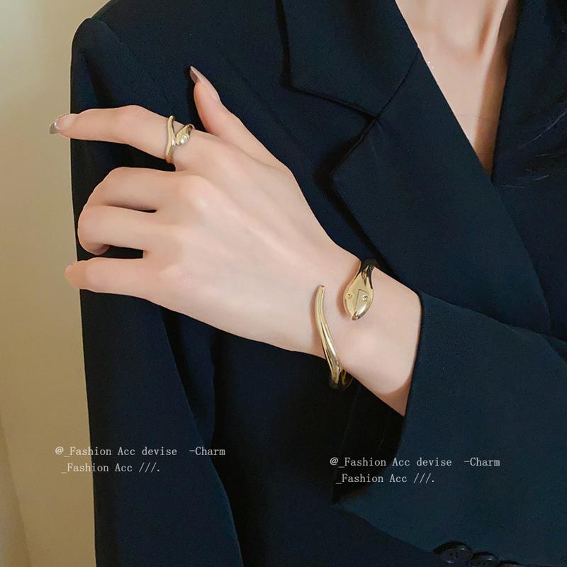 Bộ Nhẫn Vòng Tay Hở Hình Rắn, Chất Liệu Kim Loại Bóng Loáng, Bộ Hai Mảnh, Cá Nhân Hóa, Thích Hợp Đi Lại, Đồ Trang Trí Tay Đơn Giản, Dành Cho Nữ