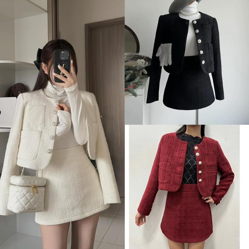 Bộ Set Dạ Tweet Cúc Ngọc Có Đệm Vai Mix Chân Váy Chữ A Tiểu Thư 3 Màu Kem-Đen-Đỏ Dành Cho Nữ thường