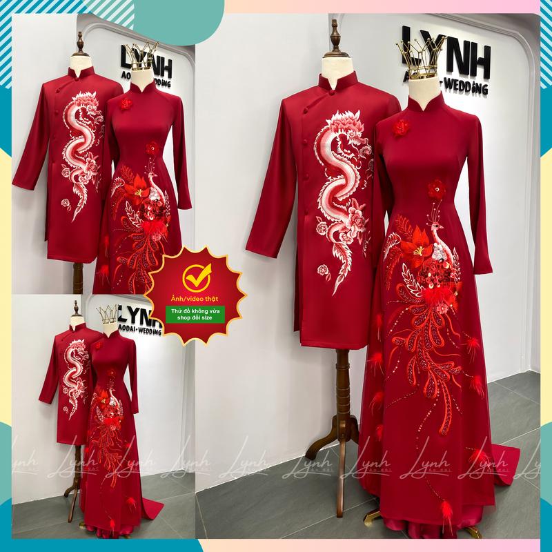 Cặp áo dài cô dâu LONG PHƯỢNG LÂM MÔN lụa tây phương - Áo Dài lynh