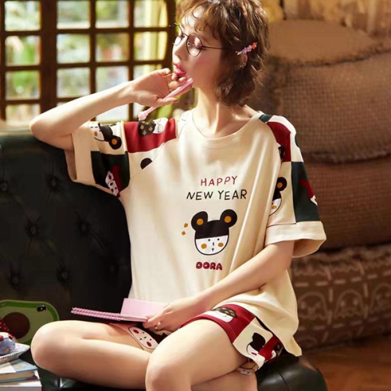 Product Introduction of Bộ Đồ Ngủ Nữ, Phong Cách Mùa Hè, Với Đệm Ngực Tích Hợp, Thiết Kế Hoạt Hình, Làm Bằng Cotton Nguyên Chất, Quần Áo Dễ Thương, Thích Hợp Mặc Nhà, Màu Bạc Nước, ngắn Tay Mỏng, Cổ Tròn Women Top 16