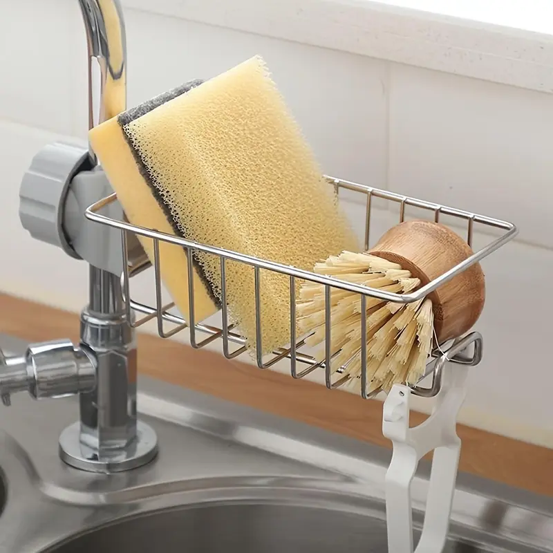 Faucet Sponge Holder, 1 Count Stainless Steel Sink Drain Storage Rack, Multifunctional Household Kitchen Organizer 4