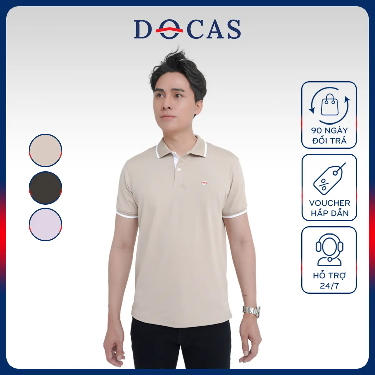 PO30923 Áo Polo Nam DOCAS Vải Cotton CMC Cổ Phối Viền Trắng Phom Regular Fit