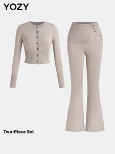 YOZY Women's Solid Button Front Crop Sweater & Flare Leg Pants Two-piece Set, Casual Long Sleeve Round Neck Top & Bell Bottom Trousers for Fall & Winter, Women's Clothes for Daily Wear, Valentine's Day Gift for Girl, Valentine's Day Outfit