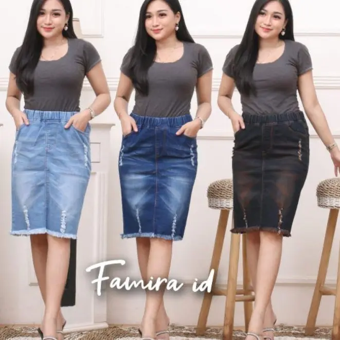 rok jeans jumbo pinggang karet - rok wanita model ripped jeans kekinian A-Line 0