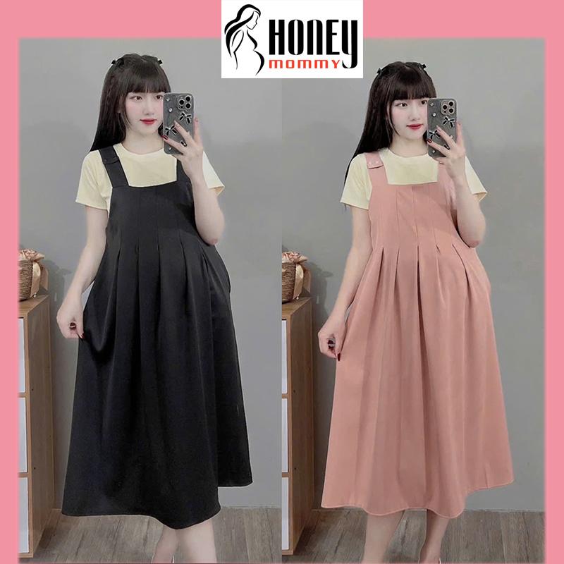 CẢ SET Váy Yếm Bầu  Dáng Dài Thu Đông Chất Liệu Nhung Tăm Lì KÈM ÁO Basic Trẻ Trung Năng Động HD1618 Honey Mommy
