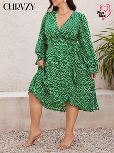 CURVZY Plus Size  Ditsy Floral Print Knot Autumn Aesthetic Ruffle Wrap Flounce Sleeve Dress, Boho Fashion V Neck Long Sleeve A Line Dress for Daily Holiday Vacation Wear, Women Plus Clothing for Spring & Fall