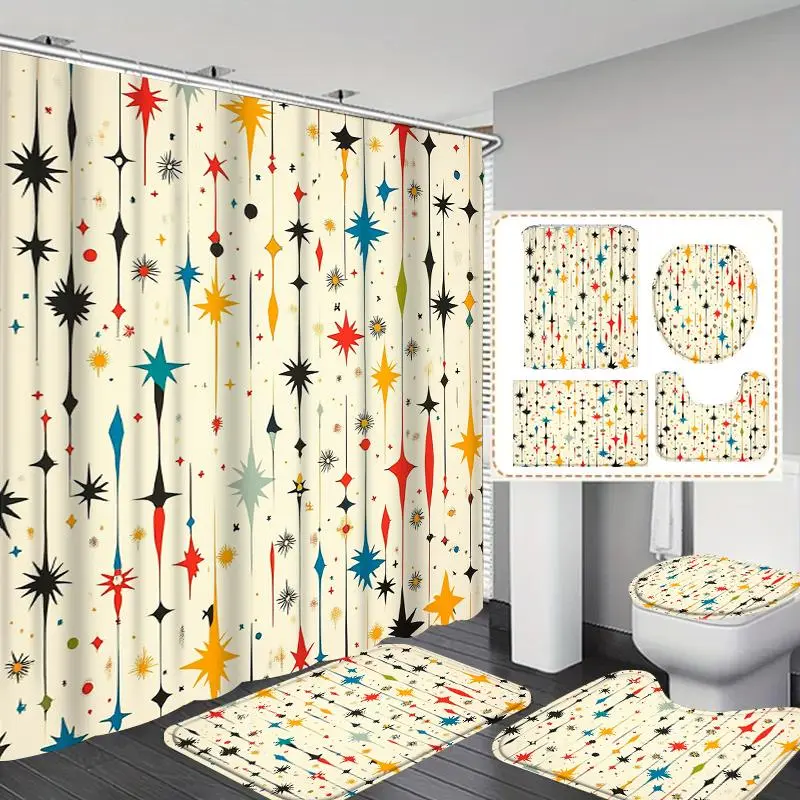 Star Print Shower Curtain Set, 1/4 Counts Including Shower Curtain & U-shaped Mat & Toilet Lid Cover & Bath Mat, Bathroom Accessories with Hooks 0