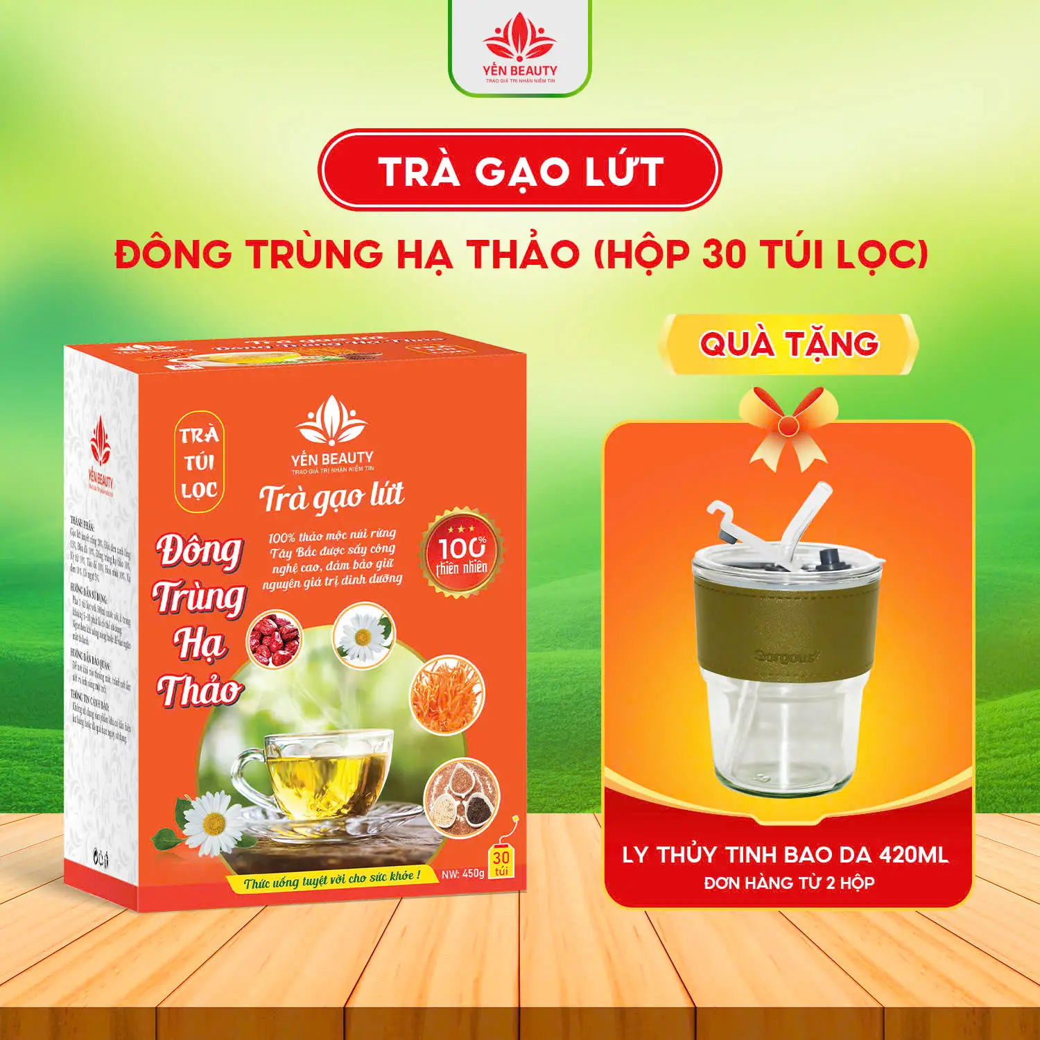 Trà túi lọc gạo lứt đông trùng hạ thảo YẾN BEAUTY giúp thanh lọc cơ thể 30 túi x 15gr