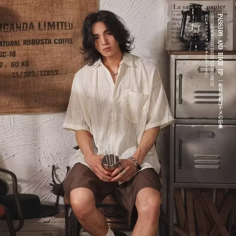 Summer Retro Minority Yamamoto Yaosi Style Pleated Non-Ironing Cuban Collar Jacquard Design Short Sleeve Shirt