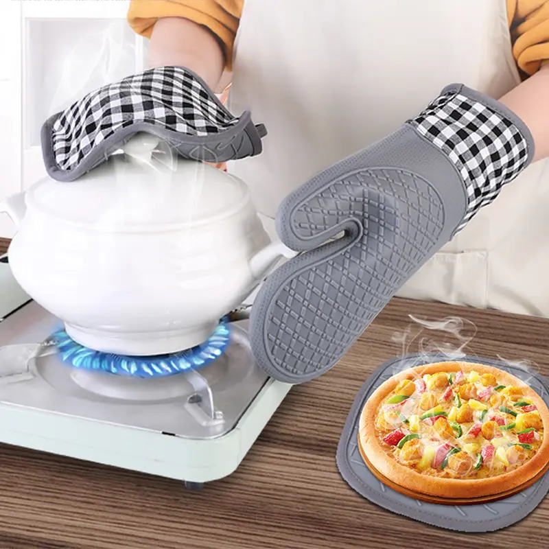 Găng tay cách nhiệt bằng silicon, chống trượt, chiều dài, dày, chịu nhiệt độ cao, thiết bị chống bỏng nhà bếp 1