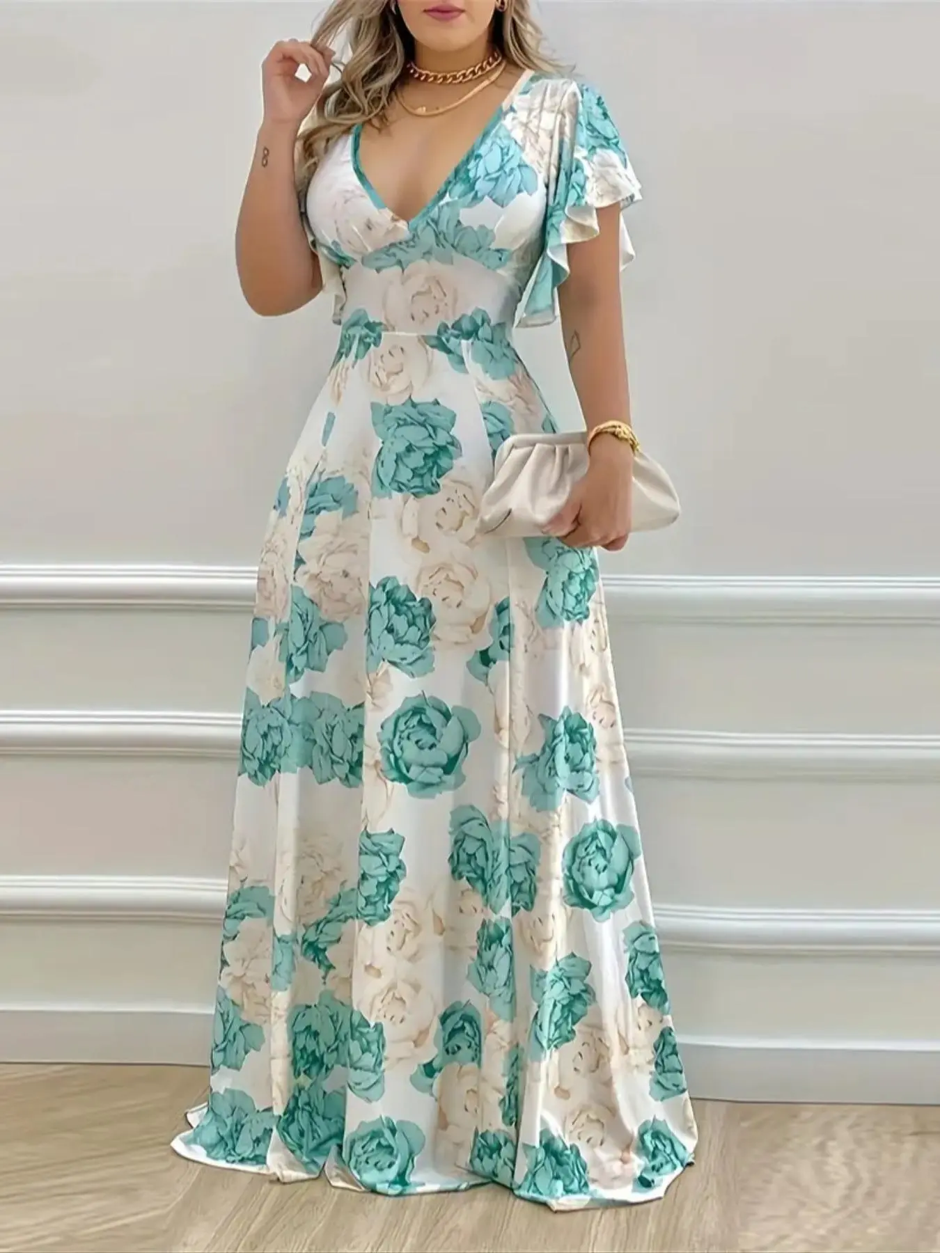 【Plus Size】 Floral Print V Neck Dress, Boho Fashion Casual Maxi Dress for Daily Holiday Vacation Wear, Women Plus Clothing for All Seasons