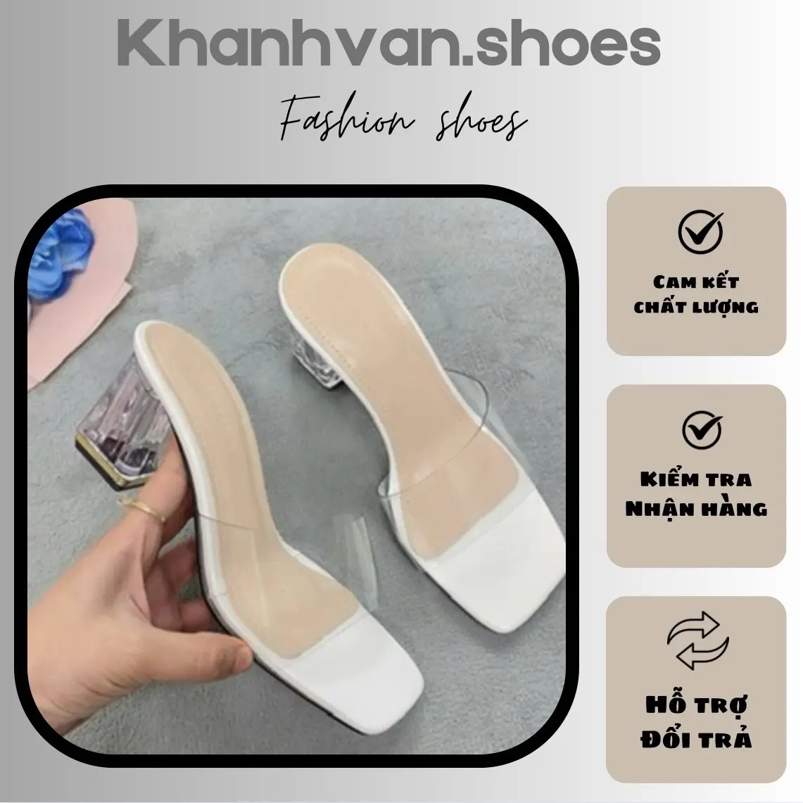Dép cao gót quai trong gót vuông 7p V4 KHANHVANSHOES