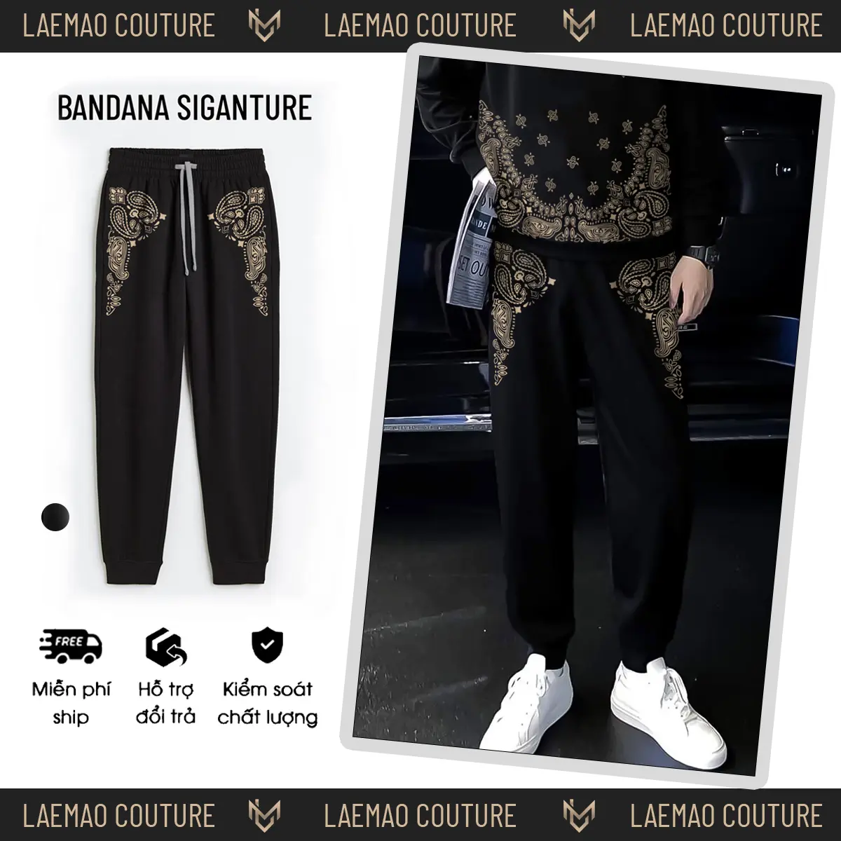Quần nỉ jogger LAEMAO chất nỉ lót lông họa tiết BANDANA SIGNATURE