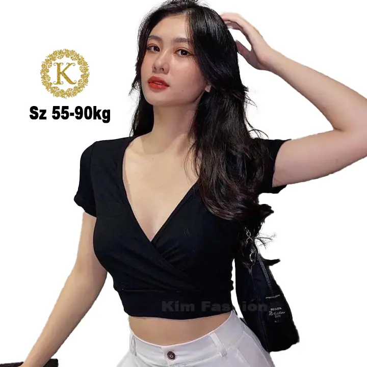 Áo bigsize croptop tay ngắn co giãn vạc chéo 55-90kg AT03 Cổ Tròn Thun Nữ Women Sơ Mi a ot